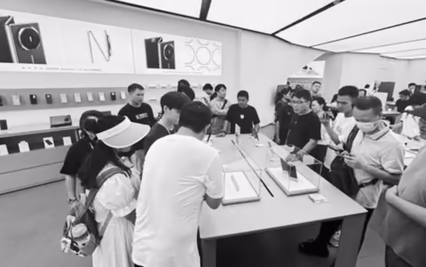 用户在门店体验台围观并体验新品功能